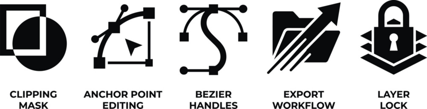 Clipping mask, anchor points, bezier curves, export, layer lock