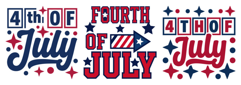 Retro script 4th of July lettering collection with star sparkles and patriotic firework rocket illustration graphics