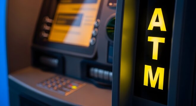 Automated teller machine detail with illuminated atm signage