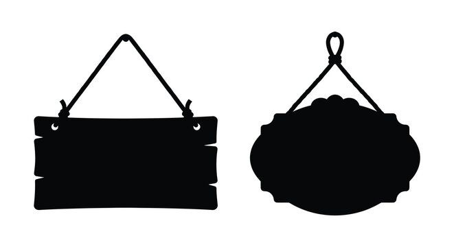 Two hanging wooden signs with metal chains depicted as a black silhouette sign signboard plaque vector flat graphic