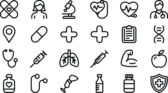 Medical and Healthcare Vector Icon Set with Bandage, Doctor, Microscope, Stethoscope, Heart, Cross, DNA, Syringe, Lungs, Muscle, Apple, Medicine Bottles, and Shield Illustrations