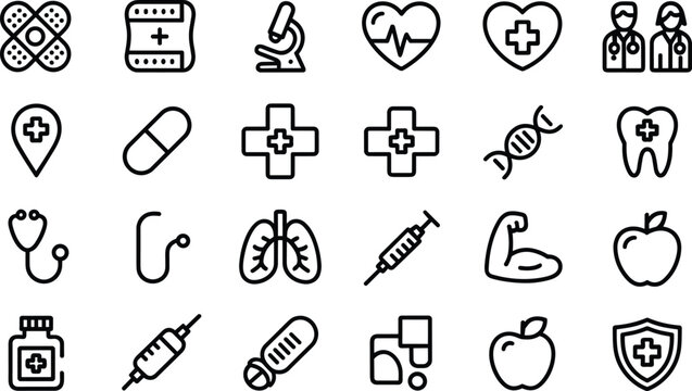 Medical and Healthcare Vector Icon Set with Bandage, Microscope, Heart, Cross, DNA, Stethoscope, Syringe, Pill, Lungs, Apple, Muscle, Shield, and Doctor Illustrations