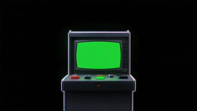 Retro arcade game machine screen displaying vibrant digital glitch animation effects with bright rainbow spectrum colors in this motion video