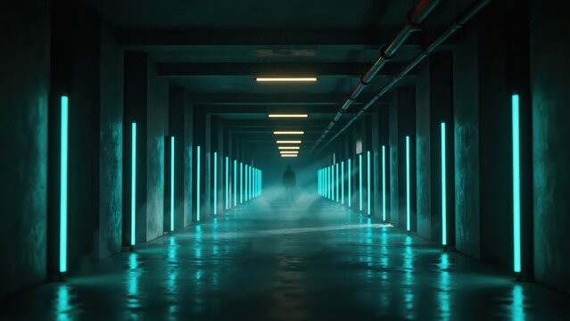 Futuristic dark corridor with glowing blue neon lights
