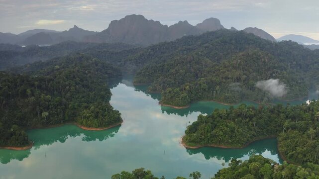 Verdant green rainforest covering countless limestone karsts which form islands in the turquoise waters of Cheow Lan Lake, revealing a serene landscape under a cloudy sky. Aerial view drone flight
