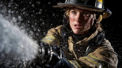 Female firefighter in protective uniform and helmet operating fire hose with water spray on black background. Brave first responder in action during emergency rescue work. © Denny