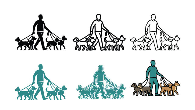 Silhouettes of a man walking multiple dogs on leashes in varying colors against a white background