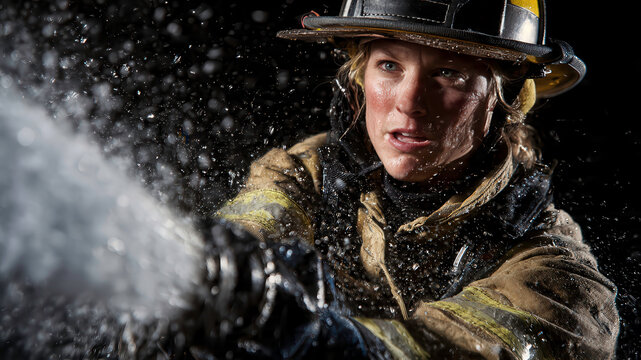 Female firefighter in protective uniform and helmet operating fire hose with water spray on black background. Brave first responder in action during emergency rescue work.