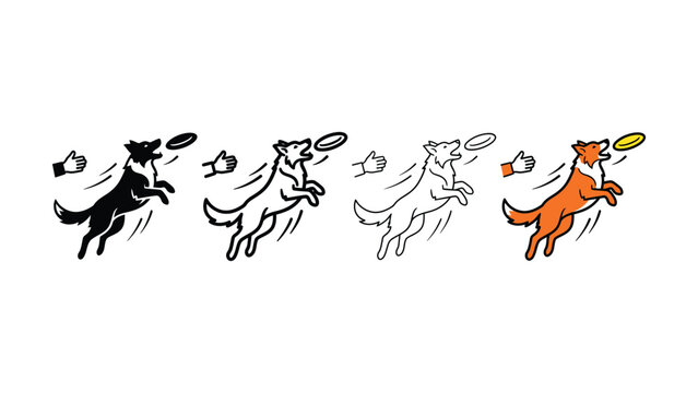 Stylized progression of a dog catching a frisbee in black outline and orange vector illustrations on a white background