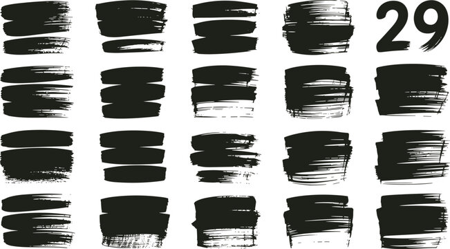 Rough Brush Stroke Vector Set with 29 Unique Black Ink Paint Strokes, Grunge Texture, Hand-Drawn Artistic Elements, Distressed Design, and Creative Illustration Collection