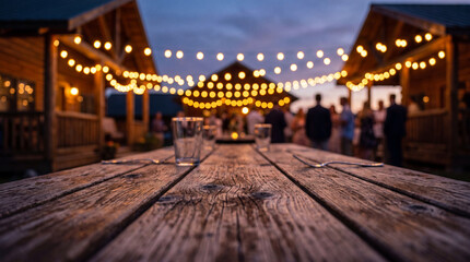 Fototapeta premium Low angle view of a wooden picnic table with glasses at an outdoor evening party under glowing string lights between wooden cabins at dusk
