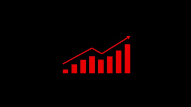 Dynamic red bar chart animation with rising trend arrow symbolizing financial growth, market success, business expansion, data analysis, and positive economic performance on a clean black background
