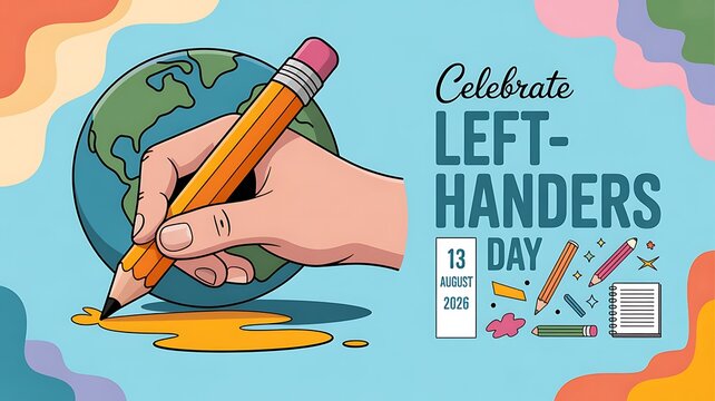 Left handers day illustration with hand drawing on globe