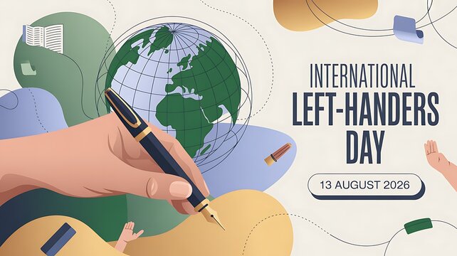 International left handers day greeting with globe and pen