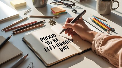 Left handed person writing proud to be left handed day