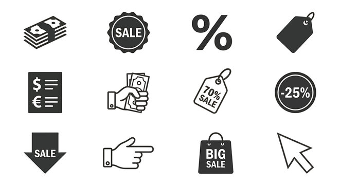 Sale Icons Collection Flat Black Pictograms On White Background