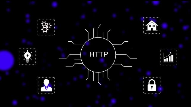 Dynamic http protocol network connection infographic featuring digital circuitry nodes and abstract floating particle background, for modern corporate, technology and global, internet communication
