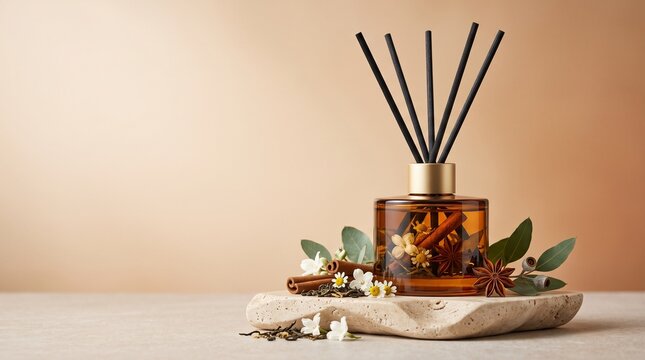 Tea fragrance space diffuser product photography, minimalist e-commerce style, solid light beige or rock tea colored background, reed diffuser in amber glass bottle