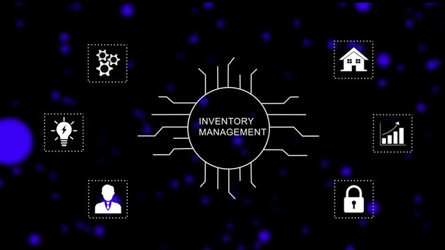 Digital inventory management system interface featuring animated circuitry nodes and business for supply chain logistics, warehouse optimization, data analytics, and corporate operations visualization