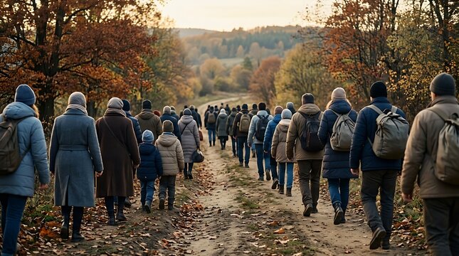People walking in a line along a narrow dirt trail surrounded by autumn foliage and trees.