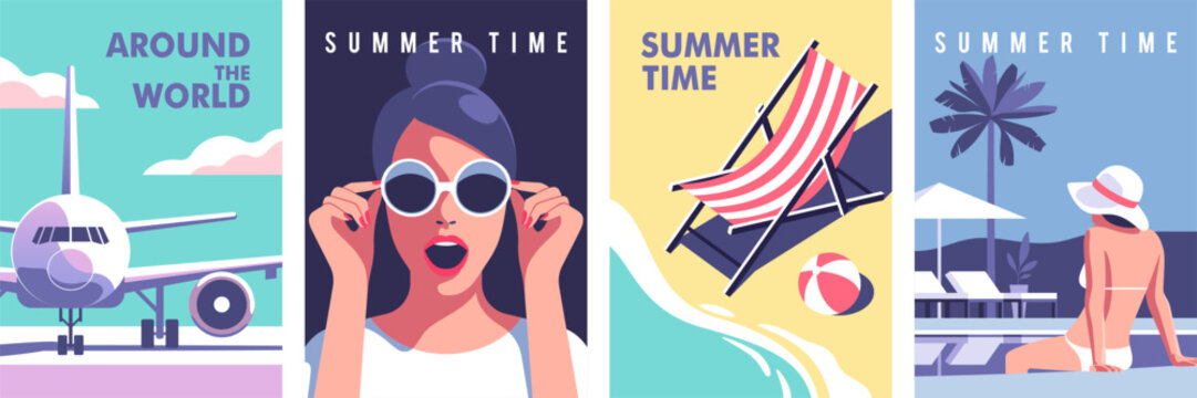 Concept of summer party, vacation and travel. Perfect background on the theme of season vacation, weekend, beach. Vector illustration in minimalistic style for posters, cover art, flyer.