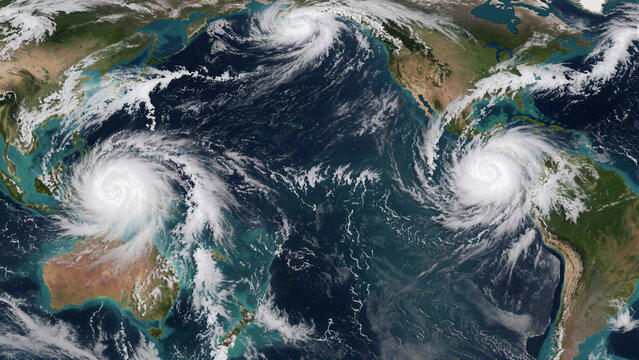 Satellite view of multiple hurricanes over the ocean, global weather patterns and tropical cyclones from space, extreme climate change and natural disasters