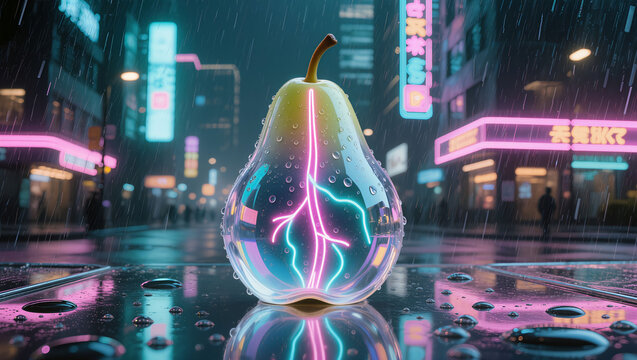 Artistic glass pear sculpture with glowing neon fiber-optic veins, modern abstract design, photorealistic macro shot.