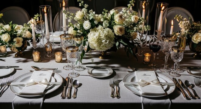 Elegant table setting with white flowers and candles for event celebration