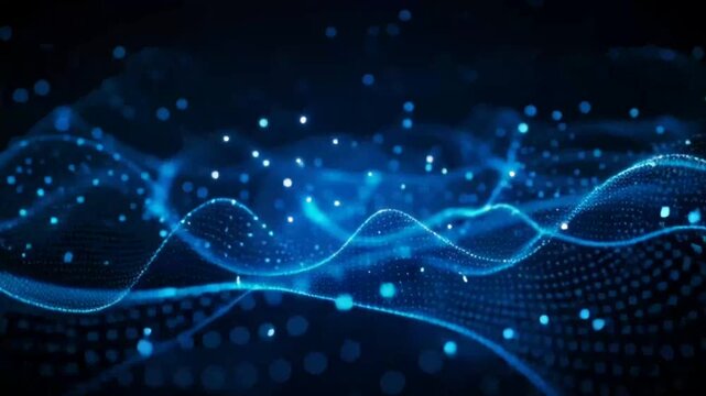Vibrant blue wavy lines and glowing dots create a mesmerizing digital pattern on a dark background with a futuristic ambiance.