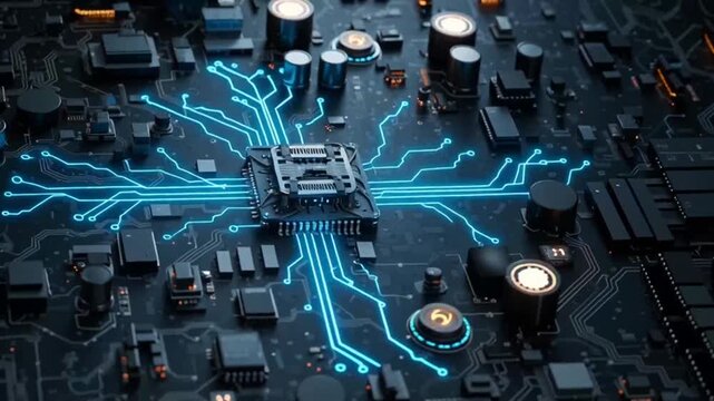 A close-up view of a circuit board with glowing blue lines and various chips and components