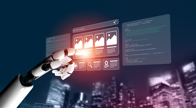 A futuristic robotic hand interacts with a holographic user interface, showcasing digital elements in a vibrant cityscape, embodying innovation and technology in action. Ledger