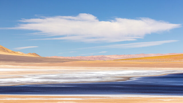 View of Salar de Aguas Calientes with its deep blue water, white salt crusts, and arid desert landscape under a clear blue sky in San Pedro de Atacama, Antofagasta, Chile.