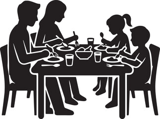 Fototapeta premium Family dinner silhouette with parents and children eating together on a white background