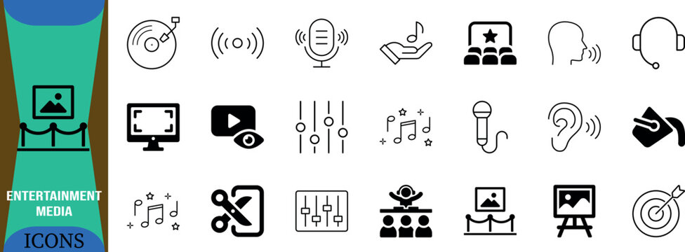 Entertainment and media vector icons. microphone icon set, headphones icon set, turntable icon set