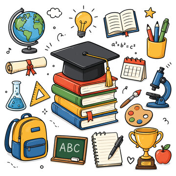 Education Doodle Icons Set with Graduation Cap, Books, School Supplies and Learning Elements, Hand Drawn Vector Illustration