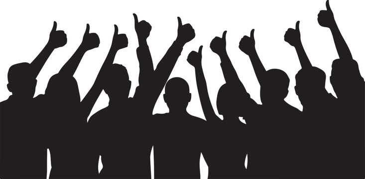 Silhouettes of a group of people with their hands raised and thumbs up
