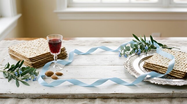 Passover seder table setting with matzah and wine