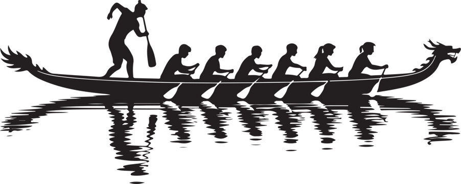 Silhouette of a dragon boat with a team of rowers and a steersman paddling on the water, traditional chinese festival sport, vector illustration