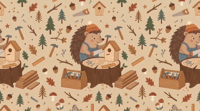 Hedgehog builds a birdhouse with a saw and hammer on a tree stump in a woodland setting