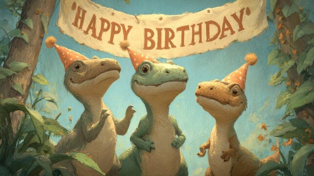 Birthday celebration theme for party event. Three dinosaurs wearing party hats and holding a banner that reads Happy Birthday against a backdrop of lush green foliage and a bright blue sky.