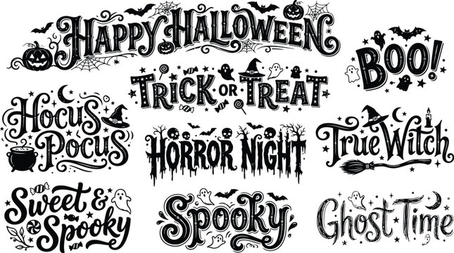 Hand lettered halloween typography collection with spooky phrases and decorative elements