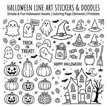 Halloween Line Art Stickers and Doodles Mega Set, Cute Hand Drawn Coloring Page Elements, Spooky Ghost and Pumpkin Line Drawings, Printable Vector Clipart