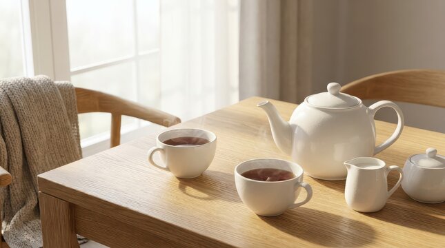 White ceramic teapot and matching cups set on wooden tray