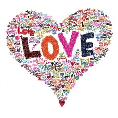 Romantic love theme for Valentines Day. A vibrant, heartshaped word cloud with the word love written in various languages against a white background.