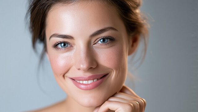 Smiling woman portrait with blue eyes against light background
