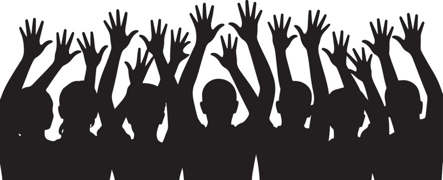 Silhouettes of people with hands raised up in the air, crowd of happy people celebrating, group of people cheering, vector illustration
