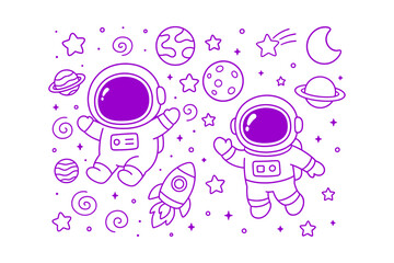 Two cute astronauts floating in space with a rocket ship, planets, and bright purple stars rendered in doodle art style © BWKit