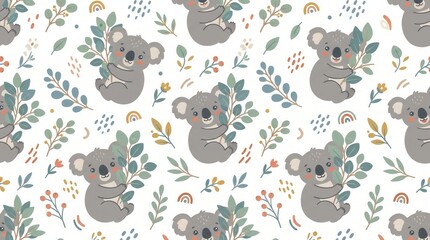 Naklejka premium Sweet seamless pattern shows many cute koalas holding green eucalyptus branches on white