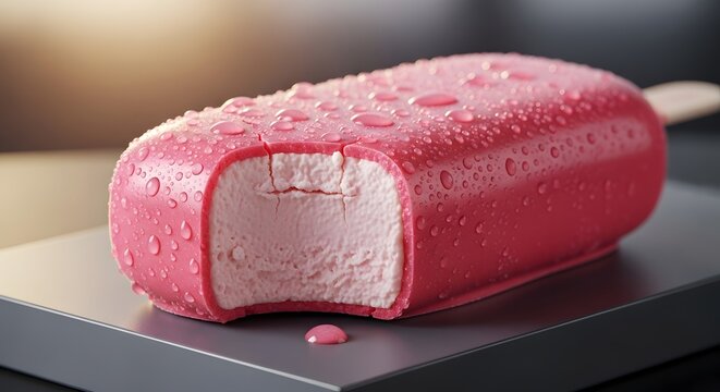 Close-up of a bitten strawberry flavored ice cream popsicle on a stick with condensation droplets on a dark background popsicle strawberry condensation
