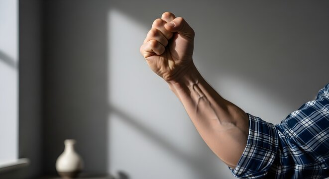Fist Raised In Anger With Shadows Cast From Window